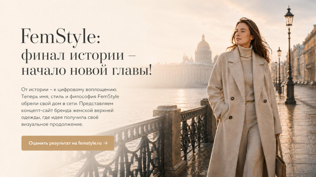 Баннер FemStyle с моделью в светлом пальто на набережной Санкт-Петербурга