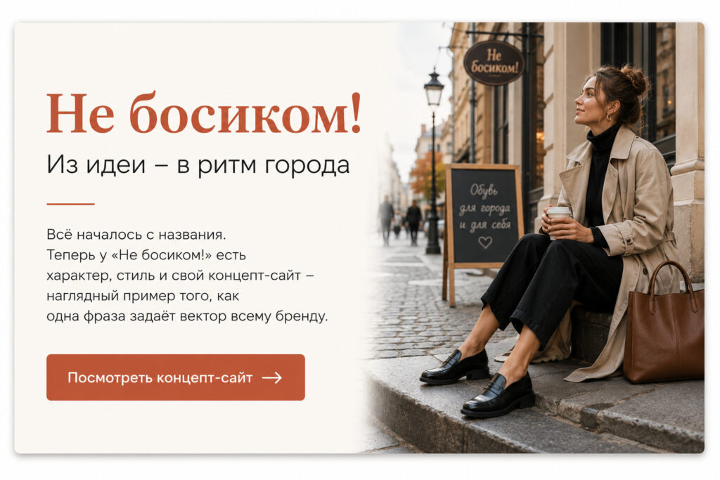 Баннер авторского концепта «Не босиком!» с городской сценой и приглашением посмотреть концепт-сайт